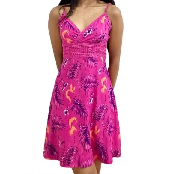 Y2K Mudd V-Neck Crochet Mini Dress Size Medium Hot Pink Purple Tropical - Picture 6 of 8